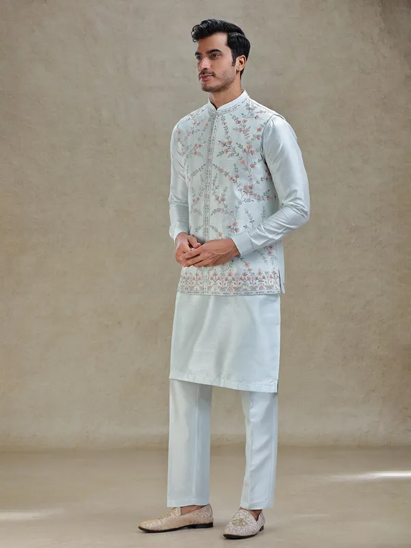 Light blue kurta jacket set for reception in linen silk