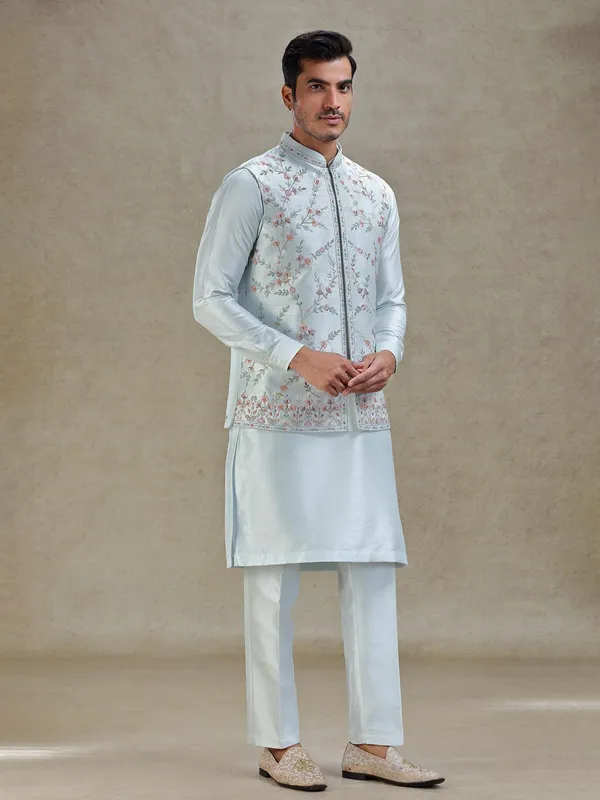 Light blue kurta jacket set for reception in linen silk