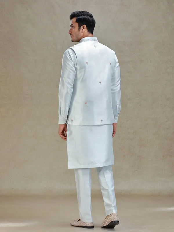 Light blue kurta jacket set for reception in linen silk