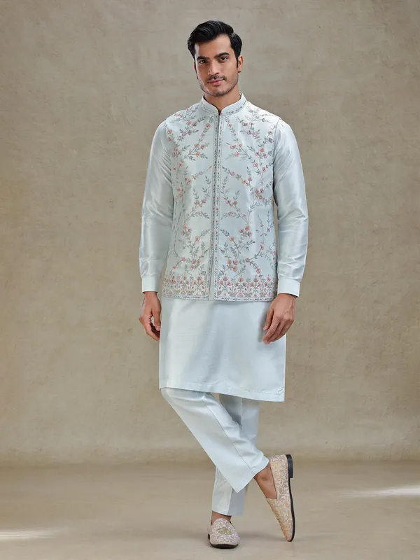 Light blue kurta jacket set for reception in linen silk