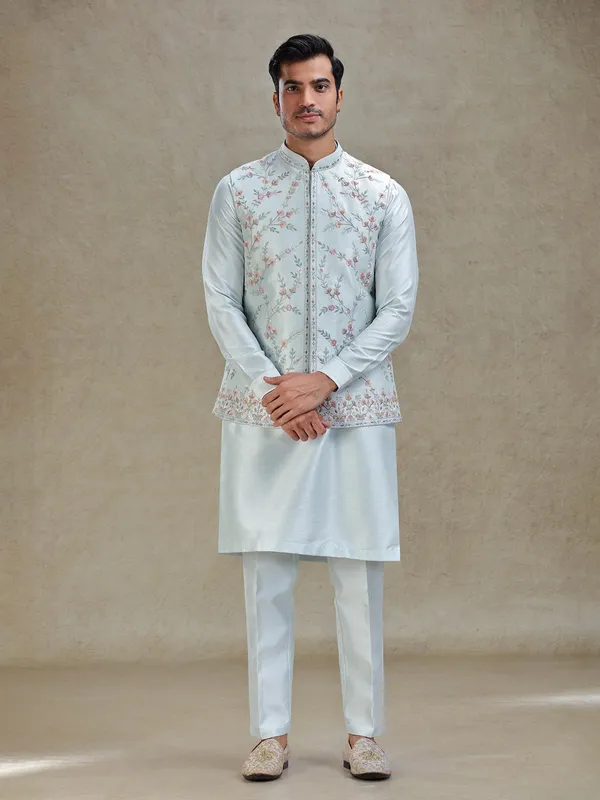 Light blue kurta jacket set for reception in linen silk