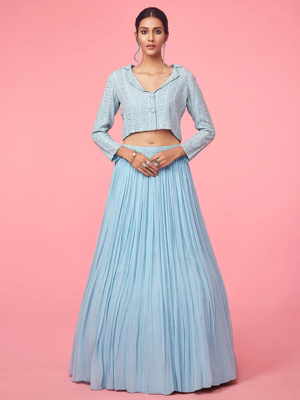 Light blue lehenga with crop top in georgette