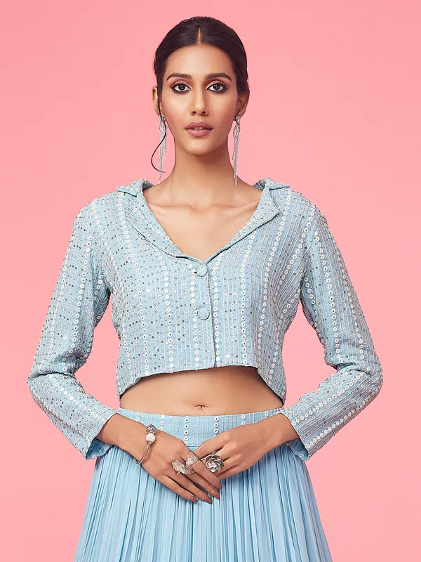 Light blue lehenga with crop top in georgette