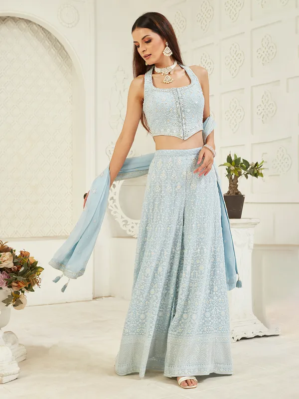 Light blue mirror work georgette palazzo salwar suit