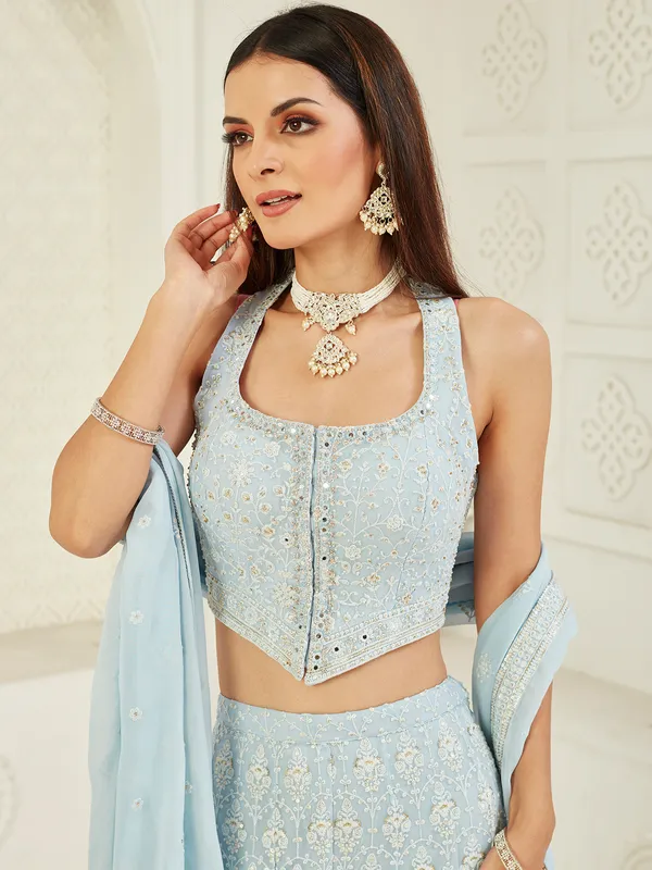 Light blue mirror work georgette palazzo salwar suit