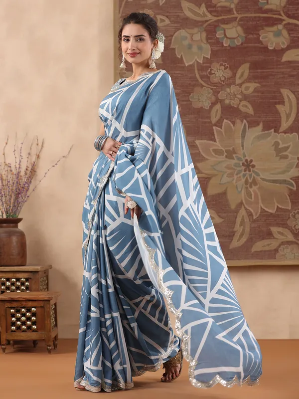 Light blue muslin silk printed saree