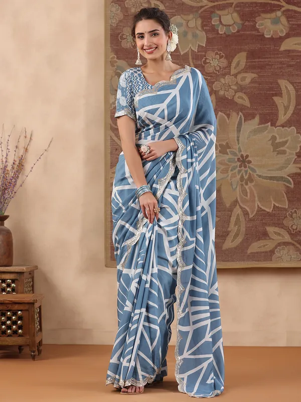 Light blue muslin silk printed saree