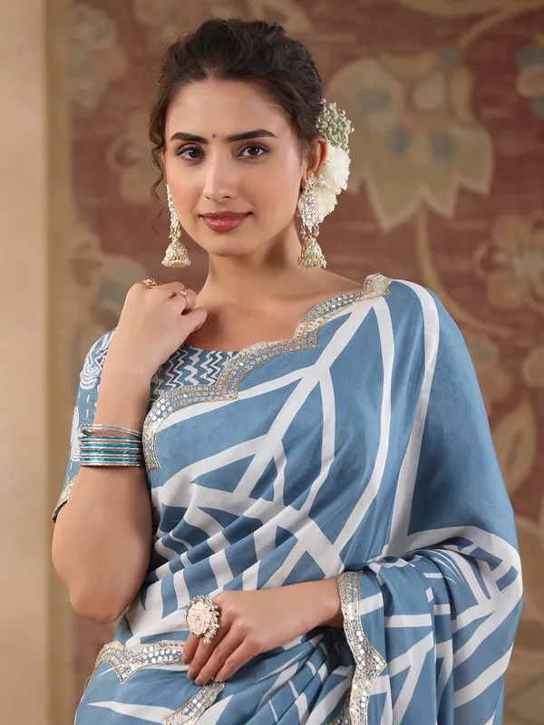 Light blue muslin silk printed saree
