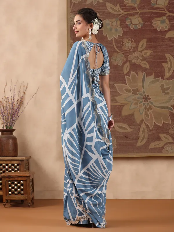 Light blue muslin silk printed saree