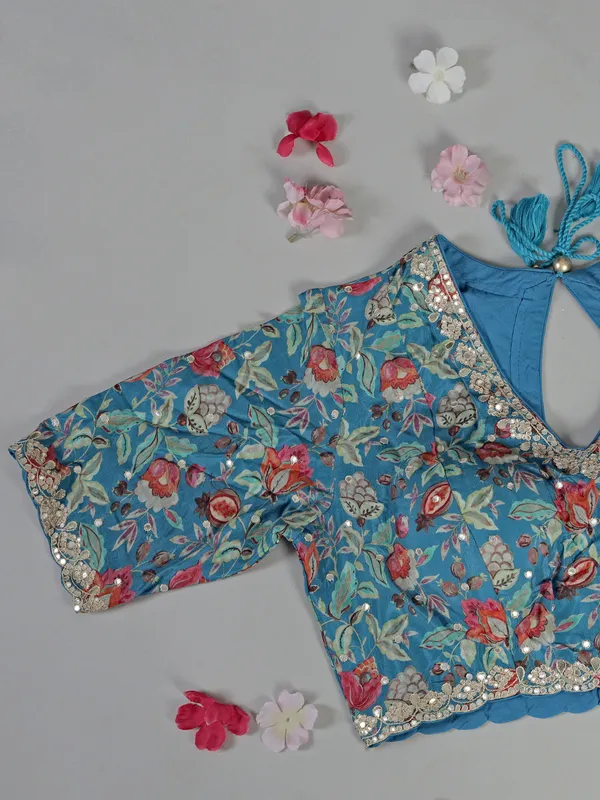 Light blue muslin silk printed saree with gota touch