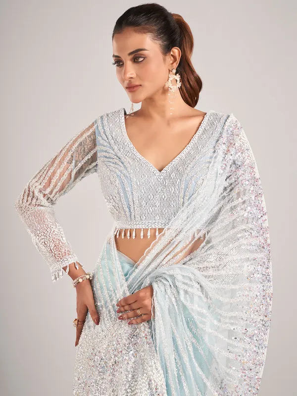 Light blue net with designer saree
