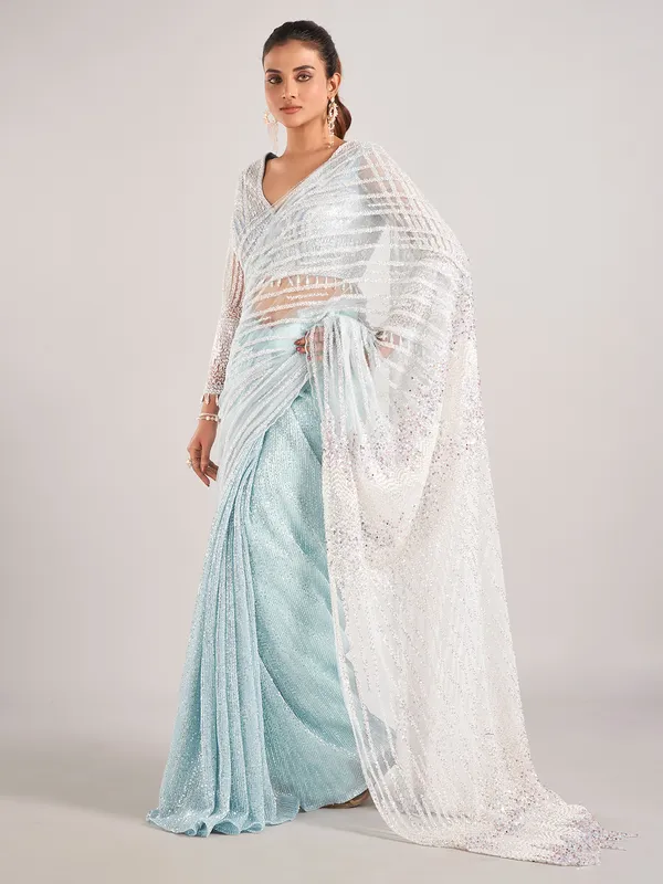 Light blue net with designer saree