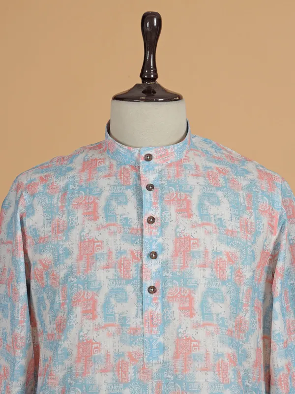 Light blue printed cotton silk kurta set