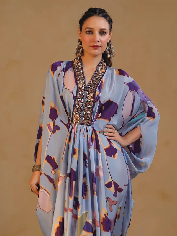 Light blue printed indowestern silk kurti with cutdana work