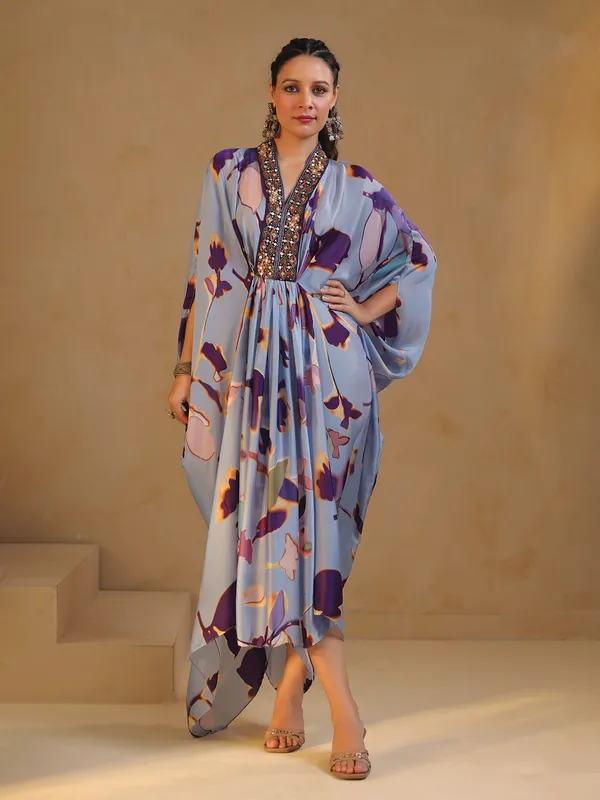 Light blue printed indowestern silk kurti with cutdana work
