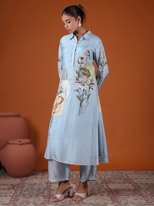 Light blue printed kurti set for festive