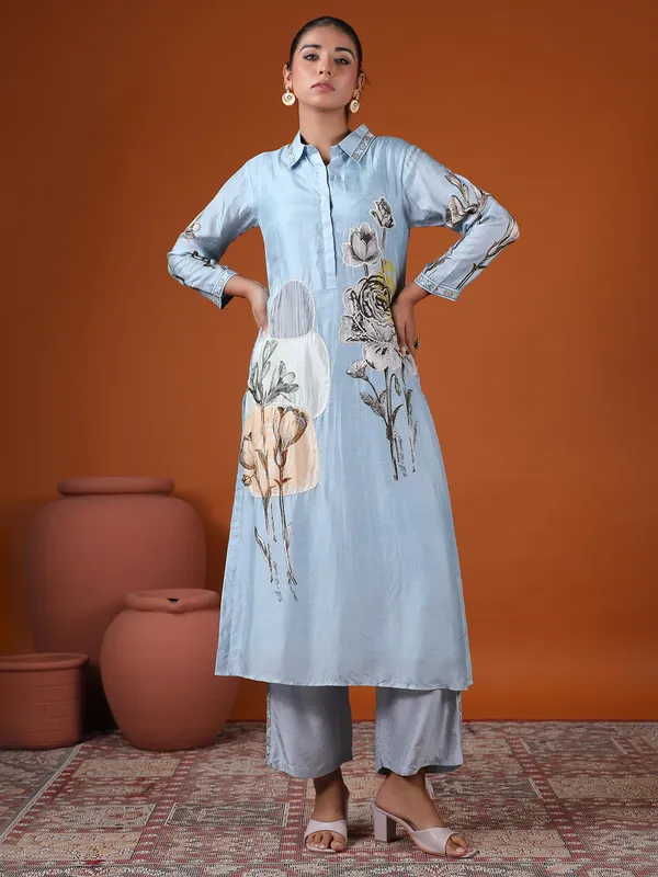 Light blue printed kurti set for festive