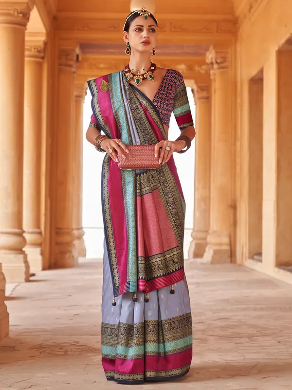 Light blue printed saree in silk