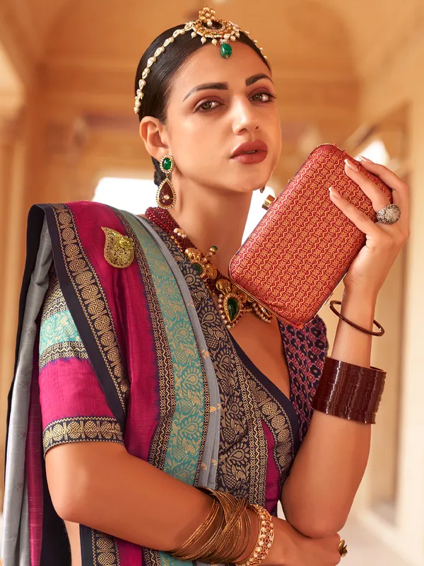 Light blue printed saree in silk