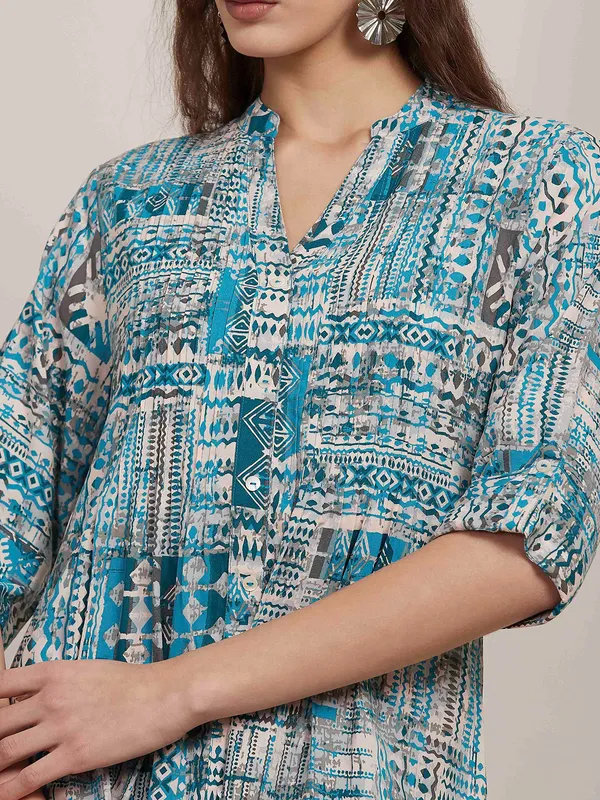 Light blue printed short cotton silk kurti