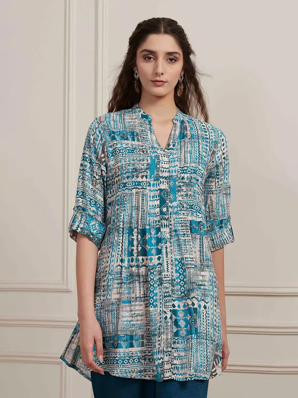 Light blue printed short cotton silk kurti