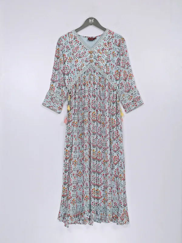 Light blue printed silk long kurti