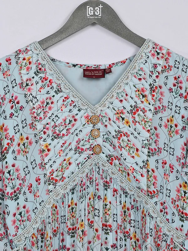 Light blue printed silk long kurti