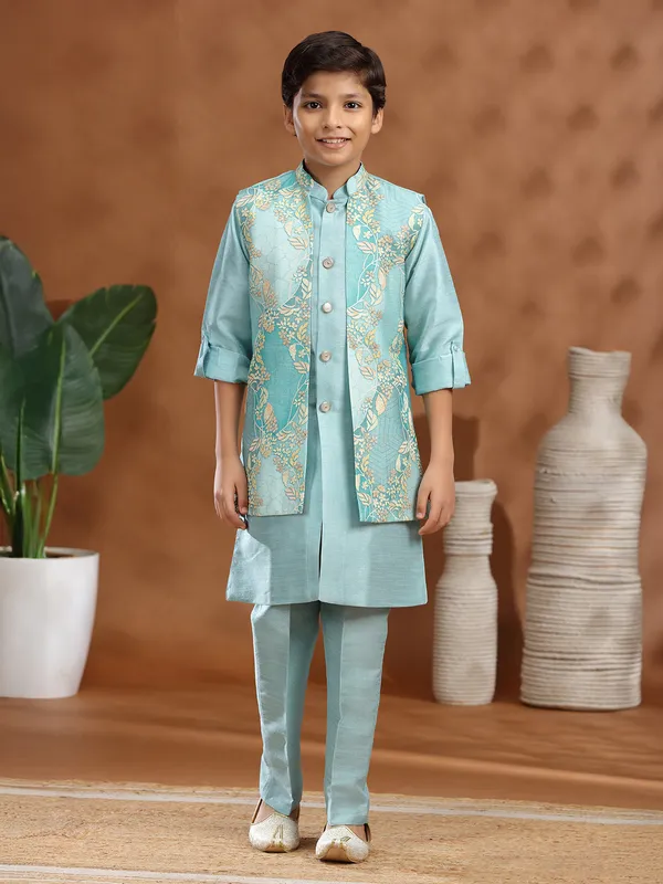 Light blue raw silk printed waistcoat set