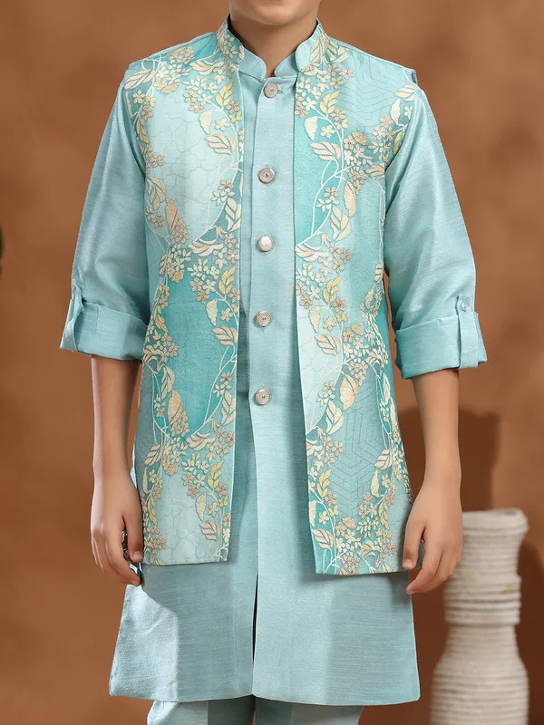 Light blue raw silk printed waistcoat set