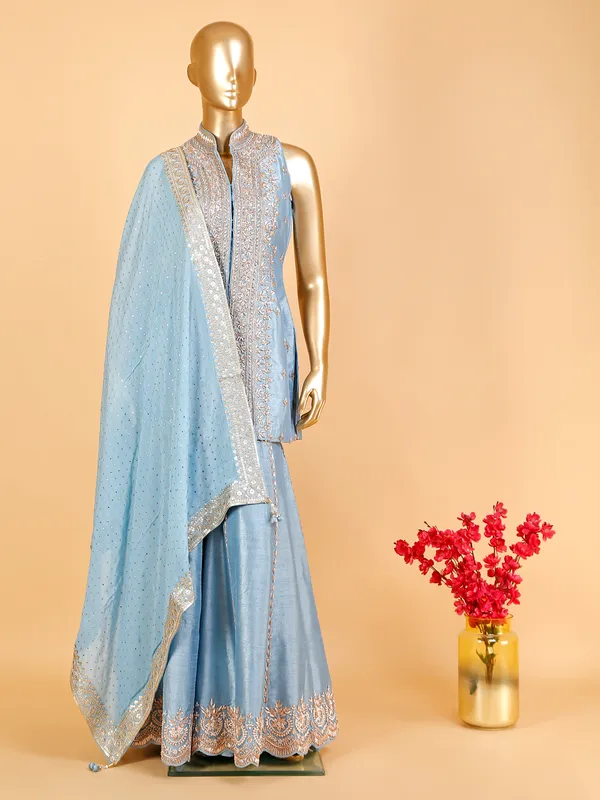 Light blue raw silk sharara suit with dupatta