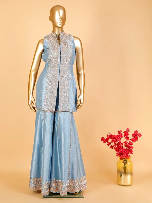 Light blue raw silk sharara suit with dupatta
