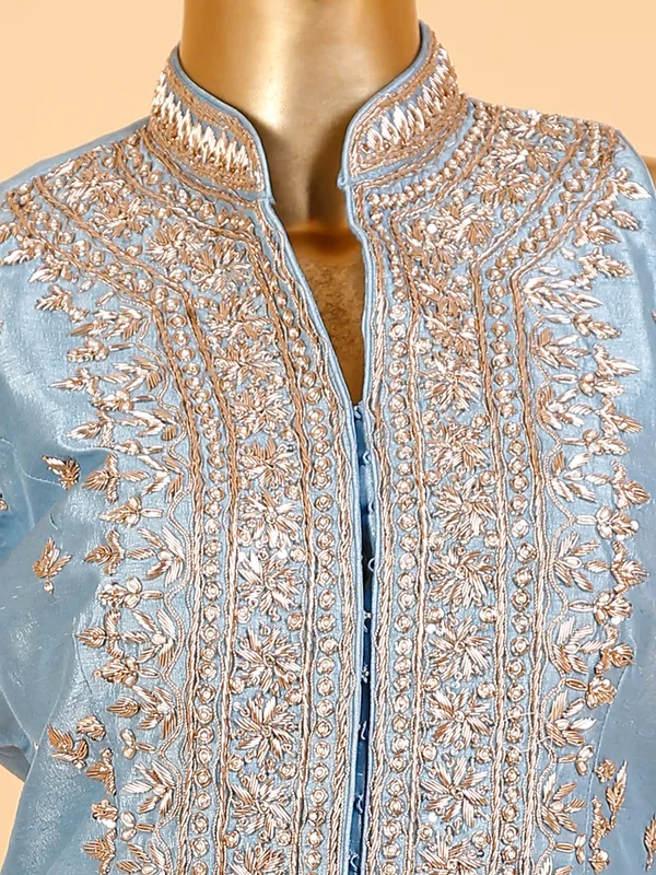 Light blue raw silk sharara suit with dupatta