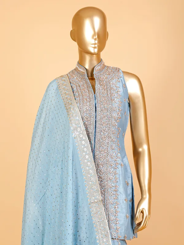 Light blue raw silk sharara suit with dupatta