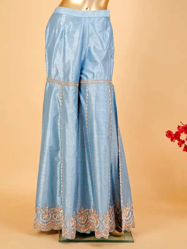 Light blue raw silk sharara suit with dupatta
