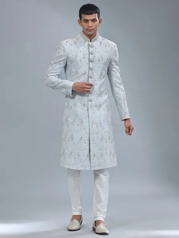 Light blue raw silk sherwani for wedding