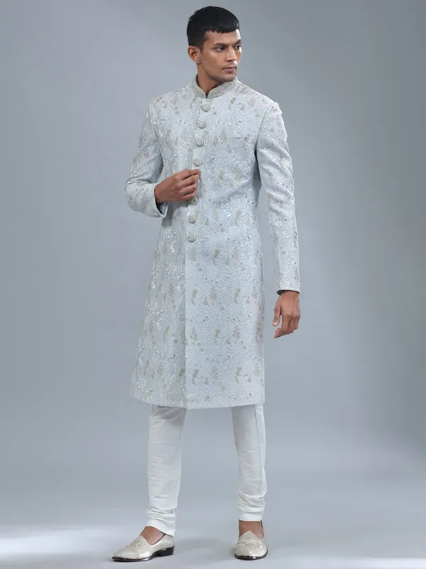 Light blue raw silk sherwani for wedding