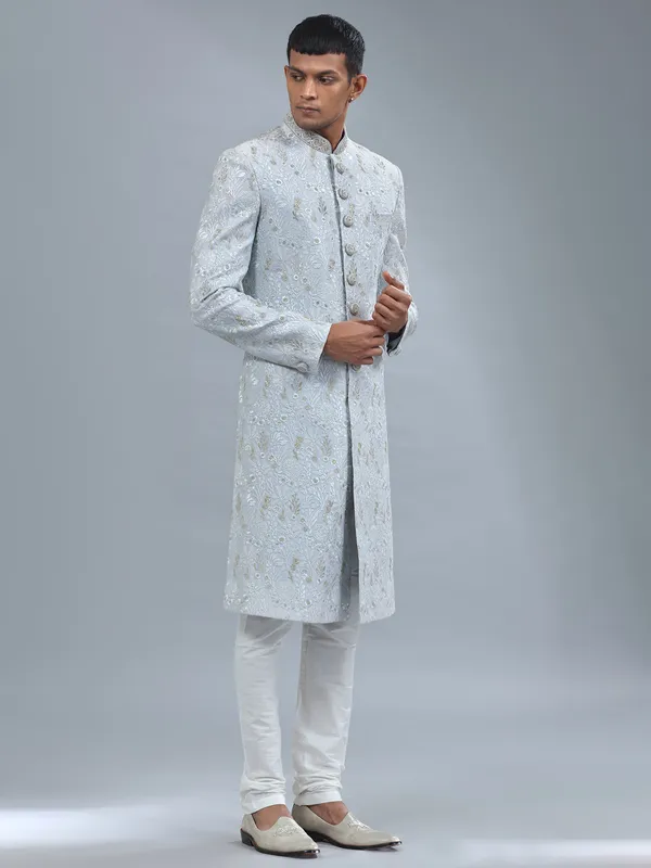 Light blue raw silk sherwani for wedding