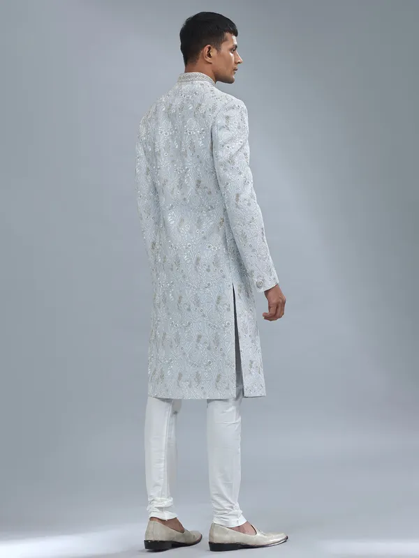 Light blue raw silk sherwani for wedding
