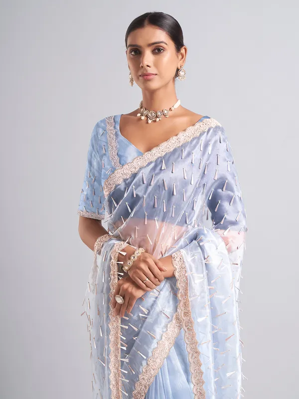 Light blue saree in tissue silk