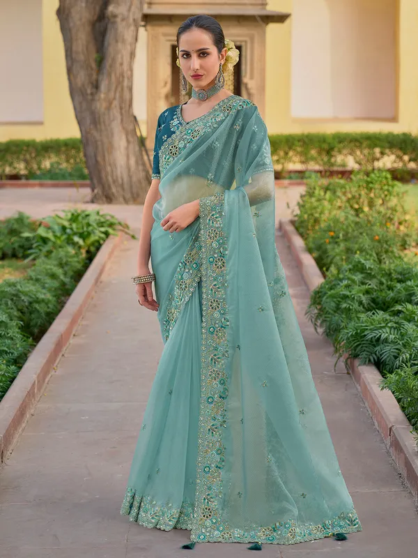 Light blue saree with embroidery border