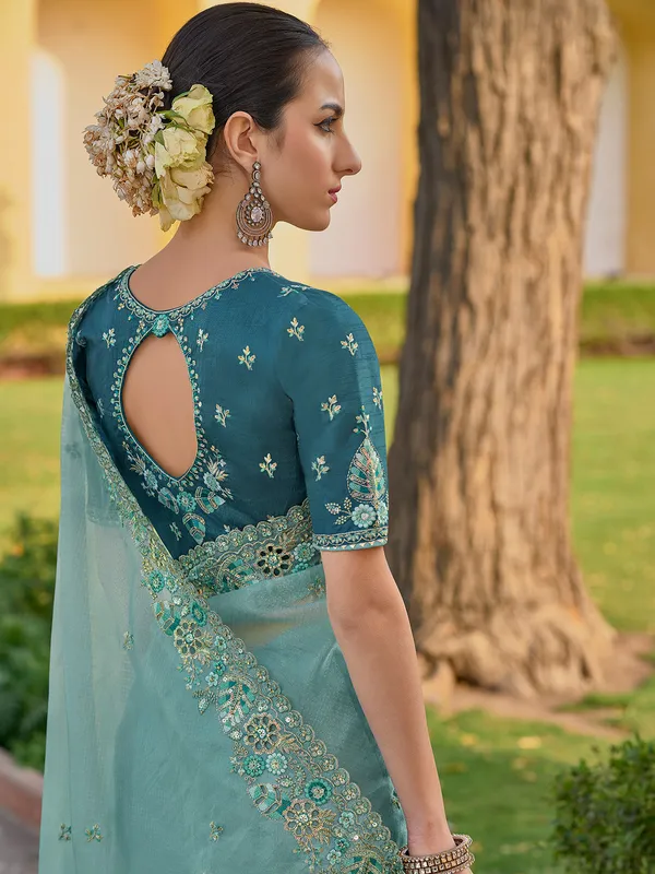Light blue saree with embroidery border