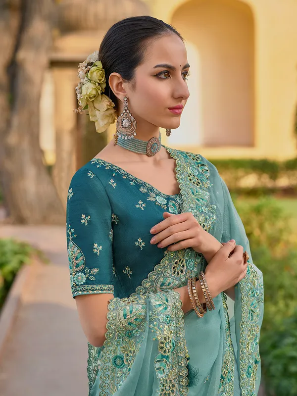 Light blue saree with embroidery border