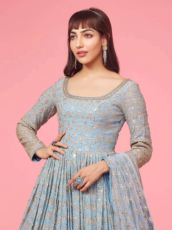Light blue shaded anarkali floor length suit