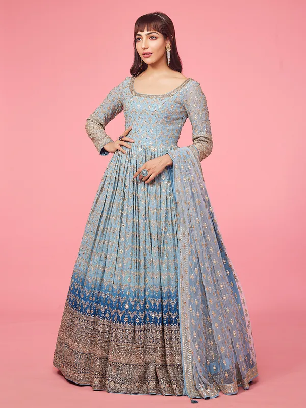 Light blue shaded anarkali floor length suit