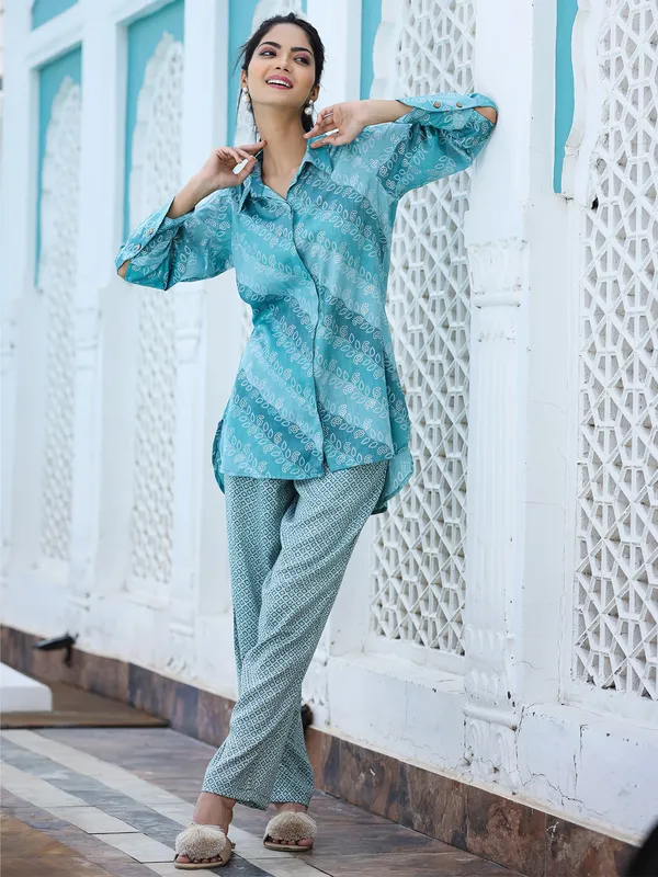 Light blue shaded rayon cotton co ord set for casual
