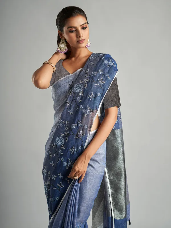 Light blue shaded cotton linen saree