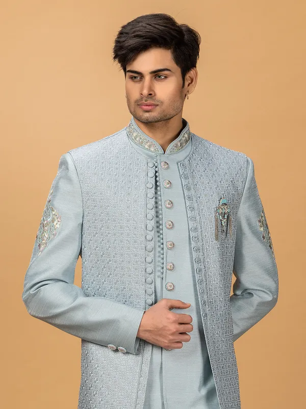 Light blue silk indowestern for men
