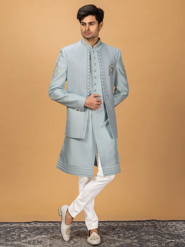 Light blue silk indowestern for men