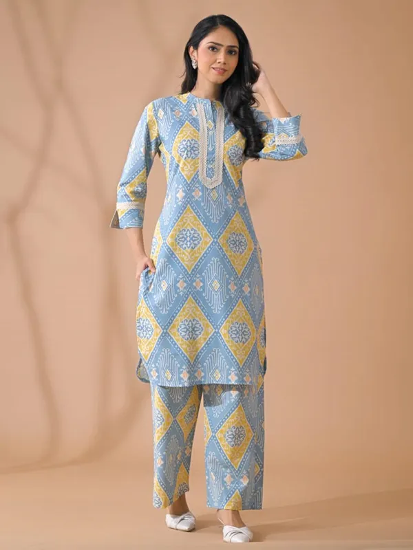 Light blue silk printed kurti palazzo set