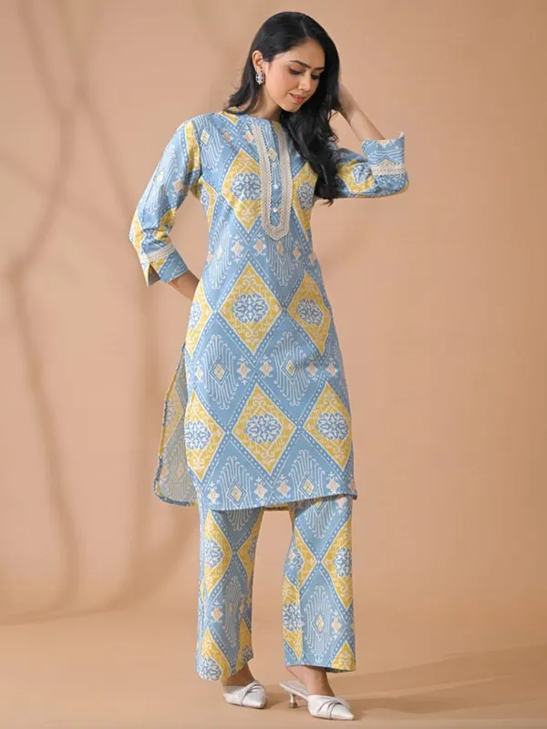 Light blue silk printed kurti palazzo set